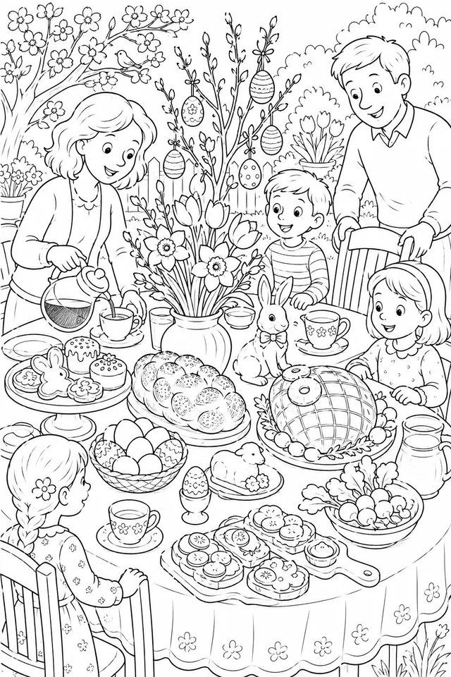 Der Osterbrunch: Ein festlich gedeckter Osterbrunch-Tisch im Freien mit Osterbrot, Schinken, Eiern und bunten Dekorationen