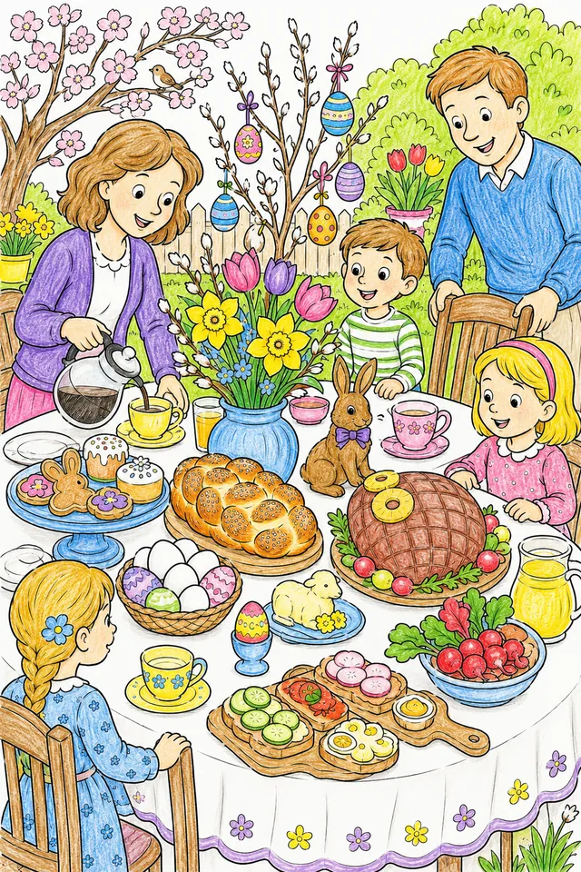 Der Osterbrunch: Ein festlich gedeckter Osterbrunch-Tisch im Freien mit Osterbrot, Schinken, Eiern und bunten Dekorationen – So könnte es aussehen