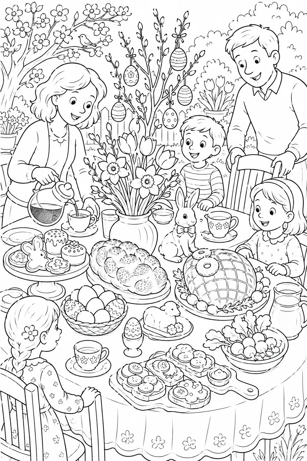 Ausmalbild: Festlicher Osterbrunch-Tisch mit Osterzopf und Osterstrauch im Garten