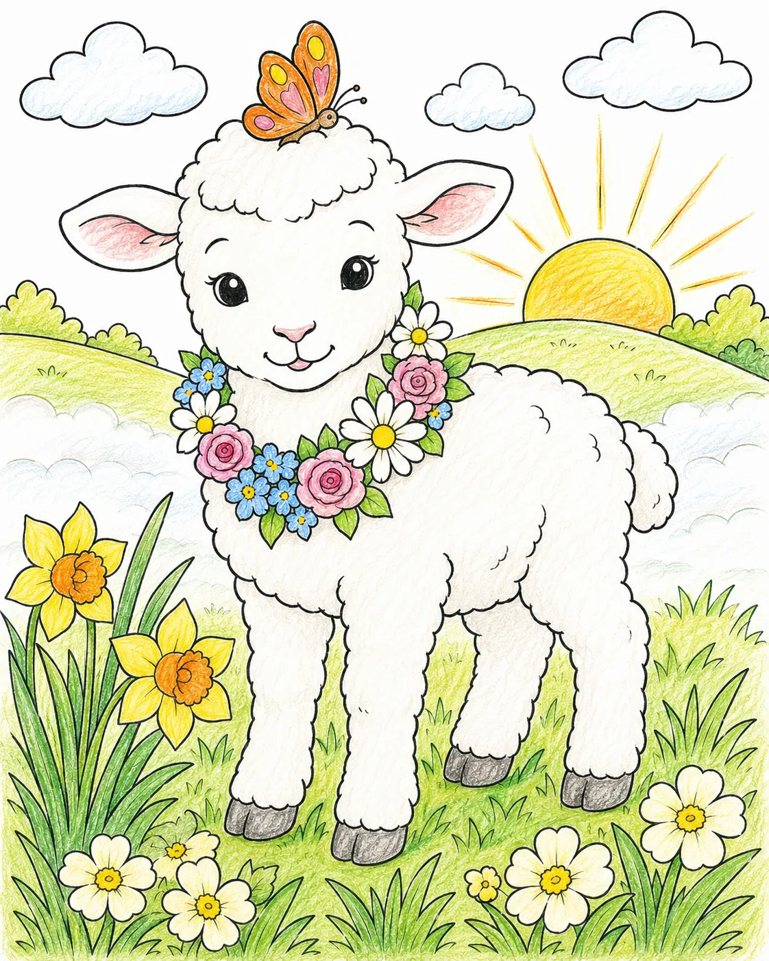 Das Osterlamm im Morgenlicht: Ein weiches weißes Lamm mit Blumenkranz schaut in das goldene erste Osterlicht des Frühlings