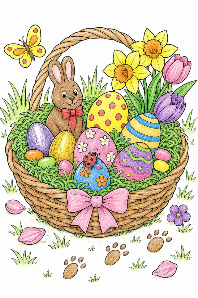 Ausmalbild: Osternest mit bunten Ostereiern und Schokolade im Frühlingsgarten