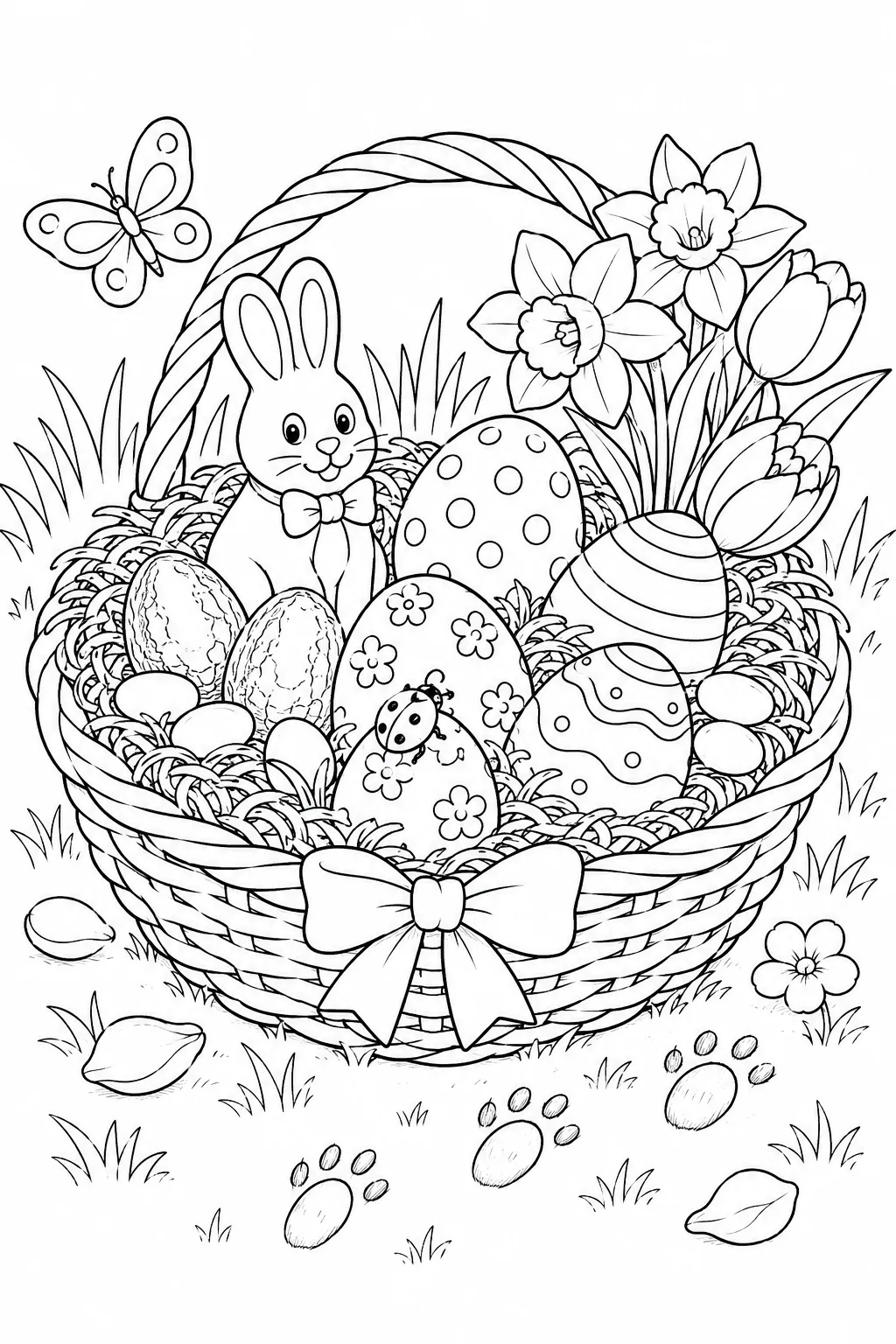 Ausmalbild: Osternest mit bunten Ostereiern und Schokolade im Frühlingsgarten