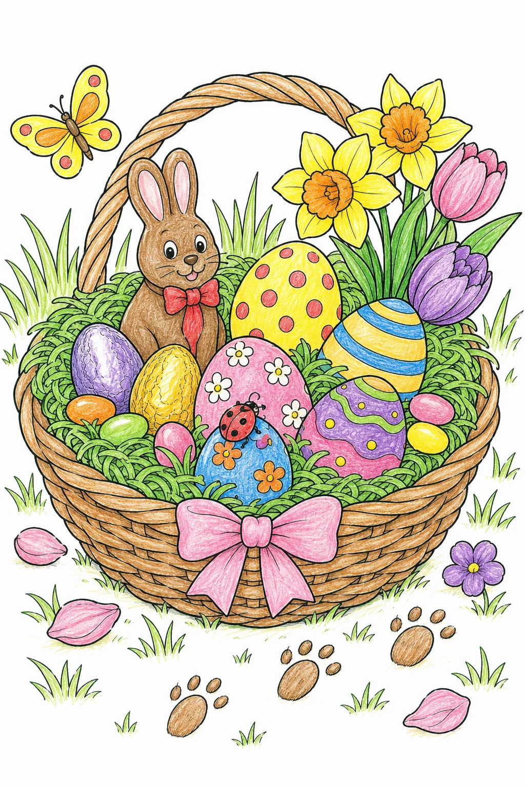 Das Osternest: Ein kunstvoll dekoriertes Osternest mit bunten Eiern, Schokolade und Frühlingsblumen wartet auf Entdeckung