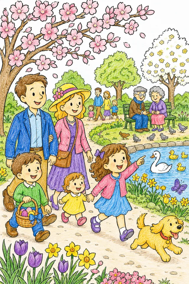 Ausmalbild: Familie beim Osterspaziergang im Frühlingspark mit Kirschblüten und Teich