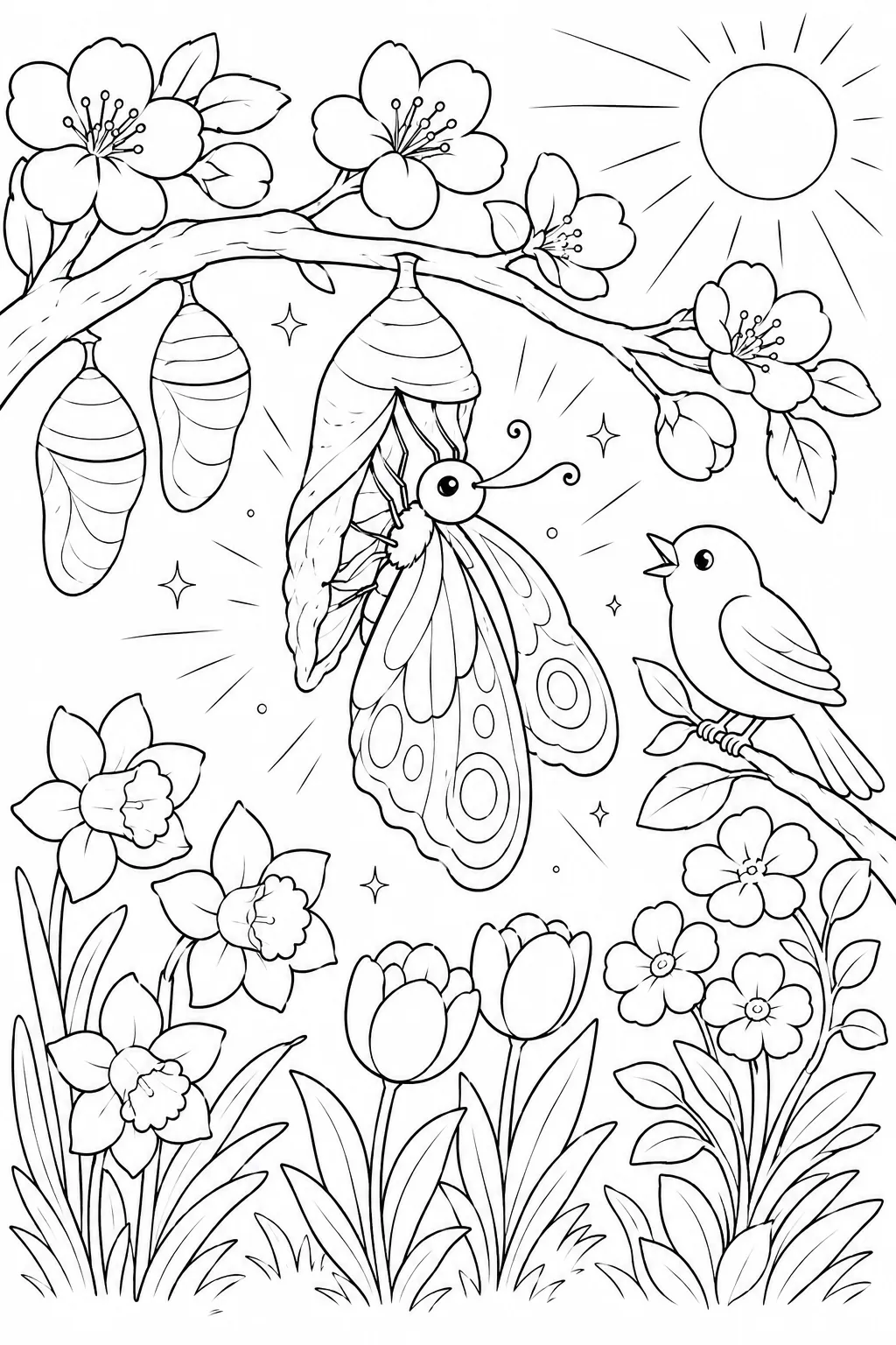 Coloring page: magical butterfly emerging from cocoon on cherry blossom branch