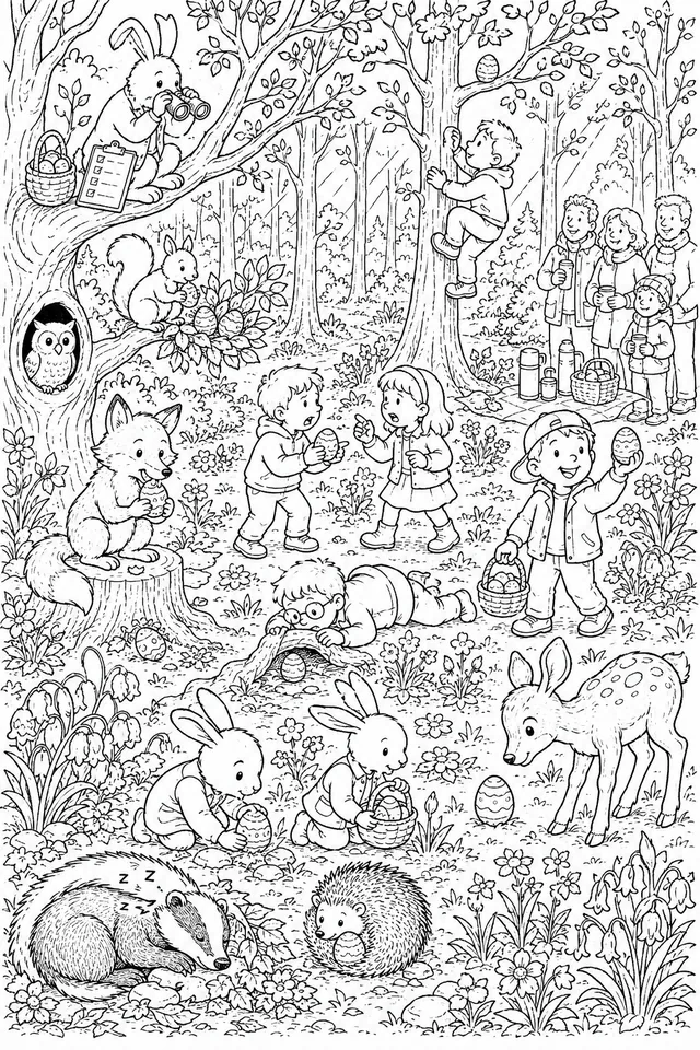 Wimmelbild Ostereiersuche im Wald: Kinder und Waldtiere suchen gemeinsam Ostereier im blühenden Frühlingswald