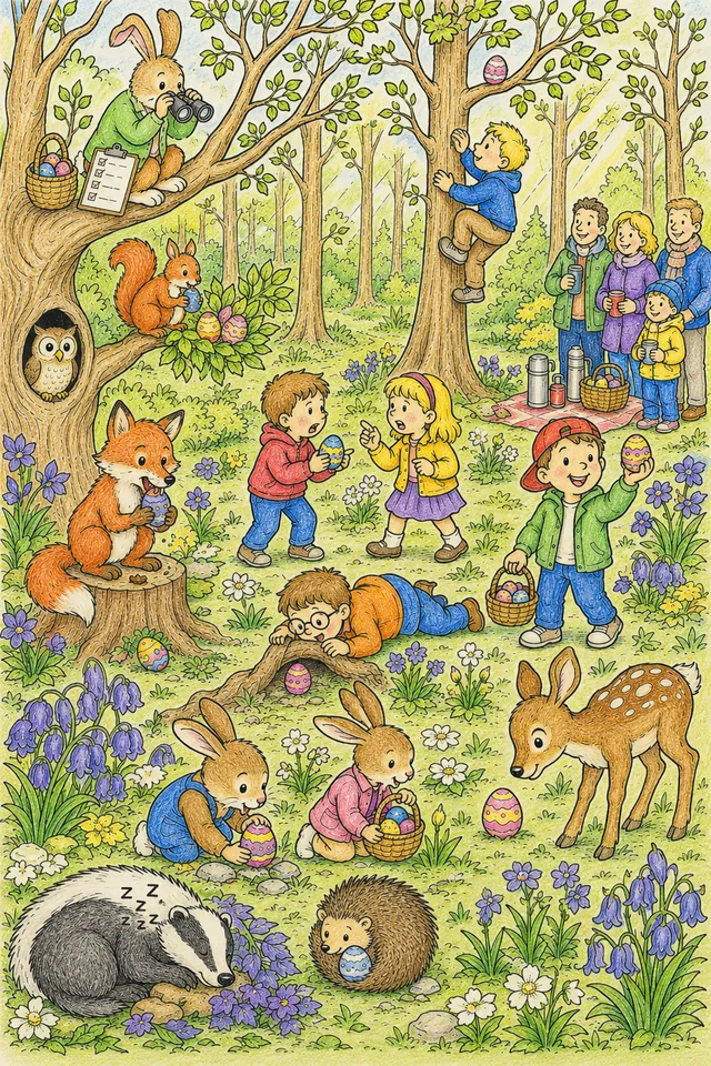 Ausmalbild Wimmelbild: Ostereiersuche im Frühlingswald mit Kindern und Waldtieren