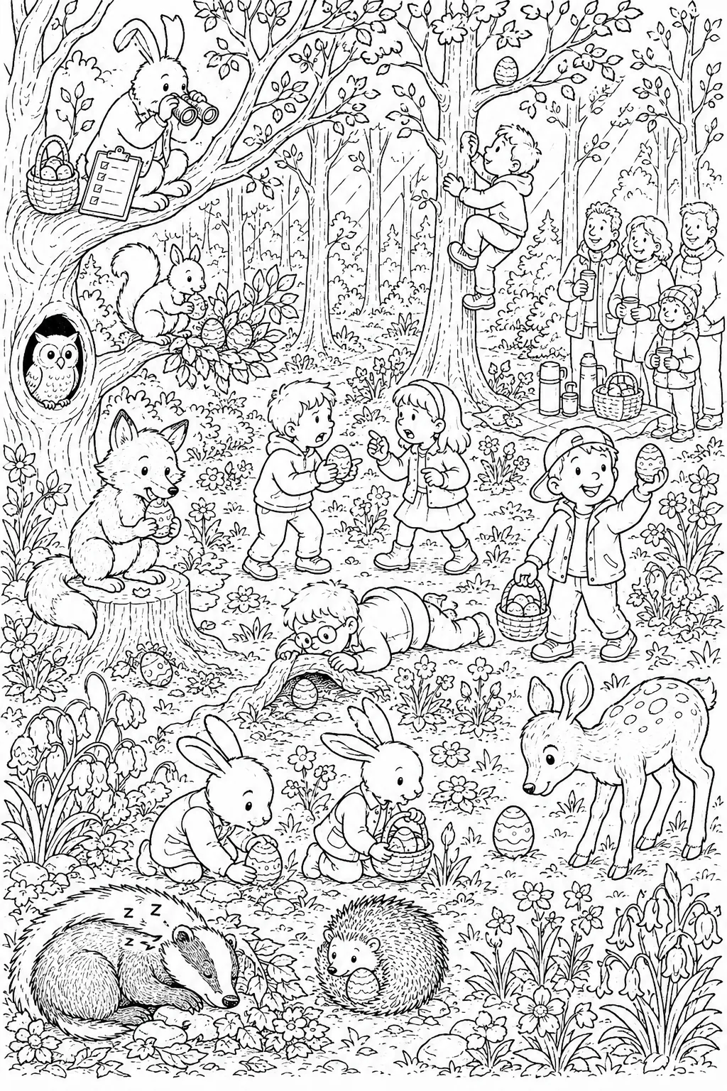 Ausmalbild Wimmelbild: Ostereiersuche im Frühlingswald mit Kindern und Waldtieren