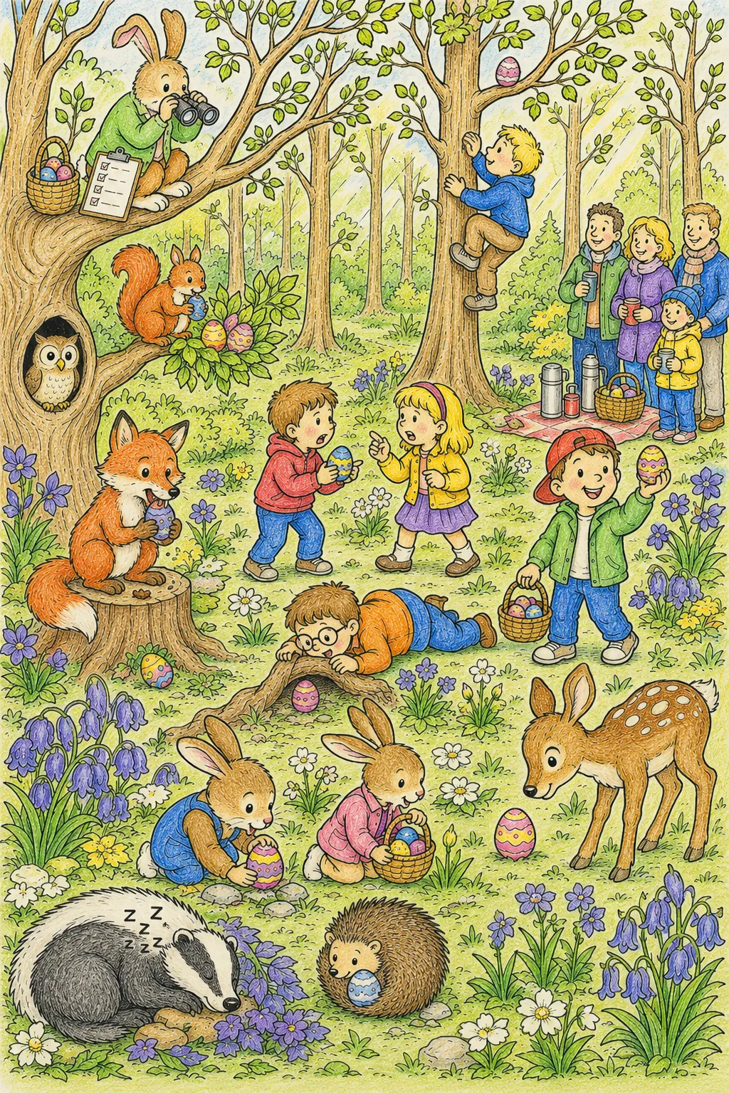 Wimmelbild Ostereiersuche im Wald: Kinder und Waldtiere suchen gemeinsam Ostereier im blühenden Frühlingswald