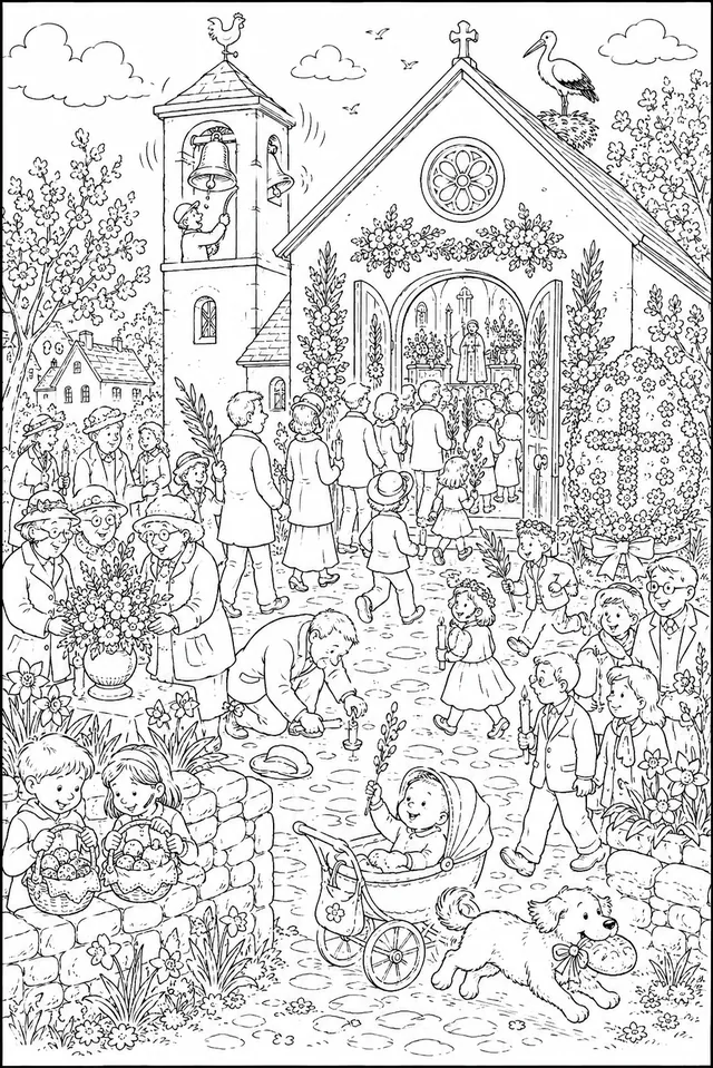 Wimmelbild Ostermesse: Eine Kirche und ihr Kirchenplatz an Ostern — Palmen, Kerzen, Blumen, Glocken und viel zu entdecken