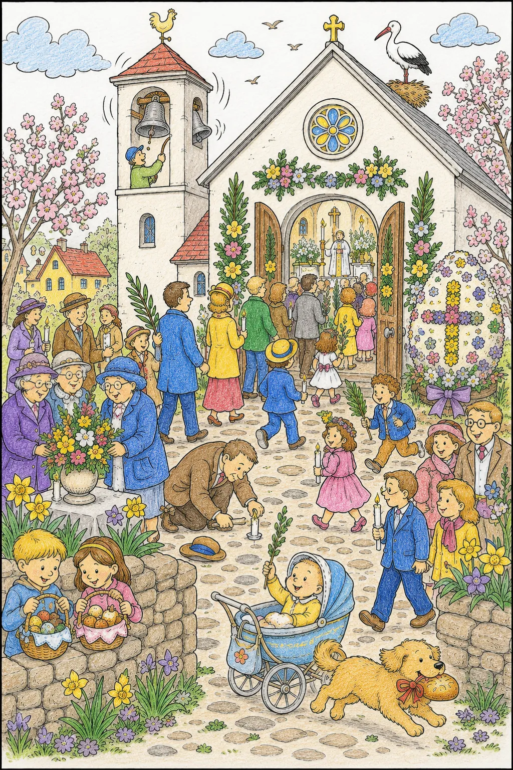 Wimmelbild misa de Pascua: una iglesia y su plaza en Pascua — palmas, velas, flores, campanas y mucho que descubrir