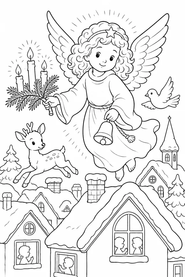 Das Christkind schwebt mit goldenem Licht über die verschneiten Dächer und bringt den Kindern die erste Weihnachtsfreude