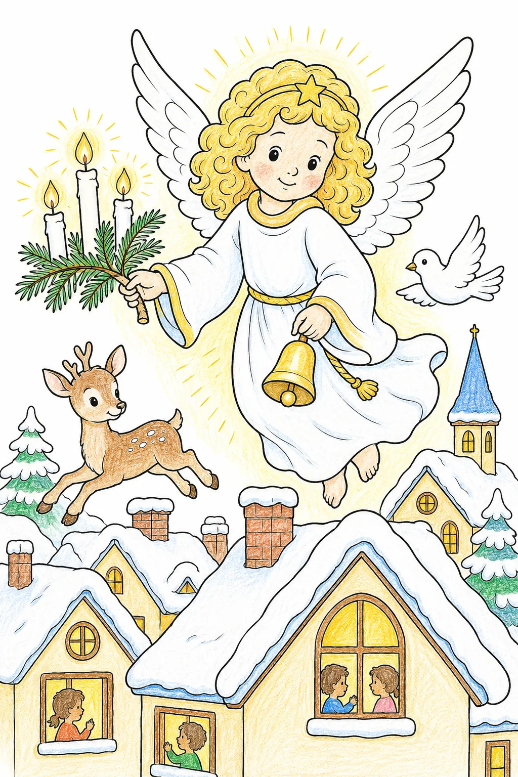 Das Christkind schwebt mit goldenem Licht über die verschneiten Dächer und bringt den Kindern die erste Weihnachtsfreude