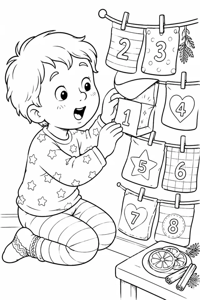 Kind öffnet mit strahlendem Lächeln die allererste Tür des selbstgebastelten Adventskalenders am ersten Dezembermorgen