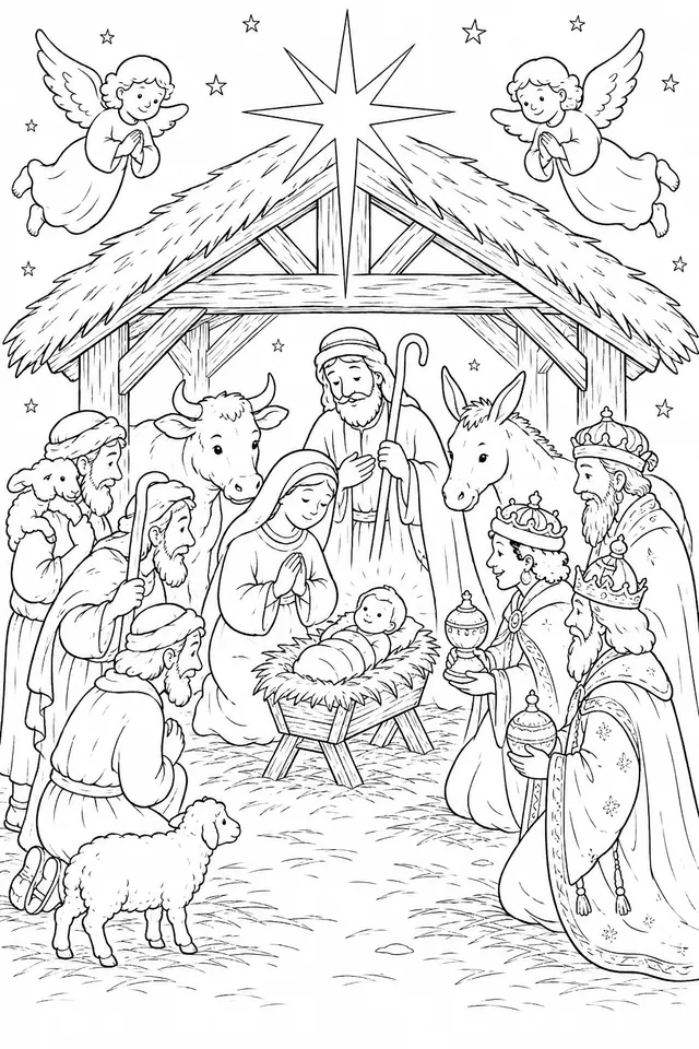 Christmas Nativity Scene: The Scene in Bethlehem with Glowing Star, Shepherds, Three Wise Men, Ox and Donkey