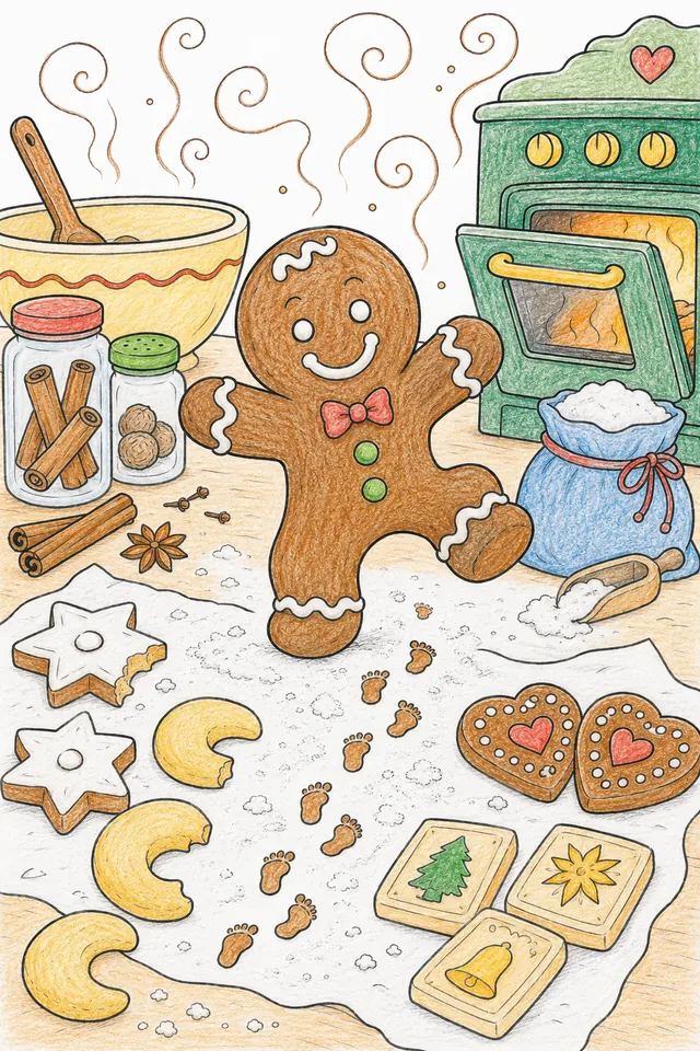 Ausmalbild: Lebkuchen-Geist tanzt zwischen Weihnachtsgebäck in warmer Küche