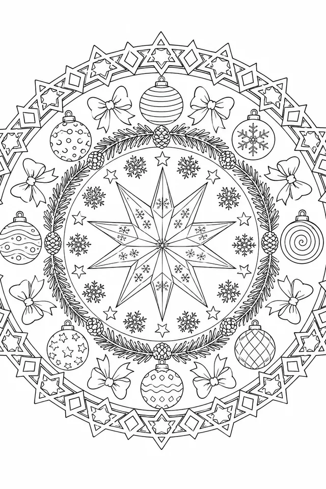 圣诞曼陀罗：中心的降临节星星，同心环的雪花、冷杉枝和圣诞球