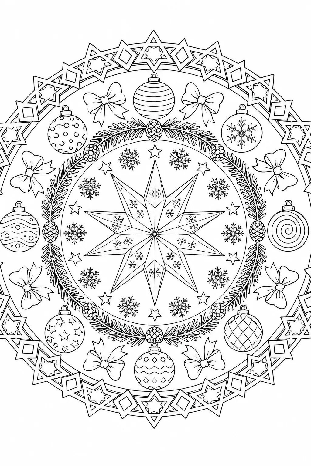 涂色页曼陀罗：有降临节星星、雪花和冷杉枝的圣诞曼陀罗