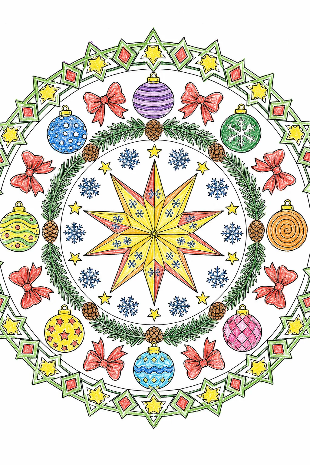 圣诞曼陀罗：中心的降临节星星，同心环的雪花、冷杉枝和圣诞球
