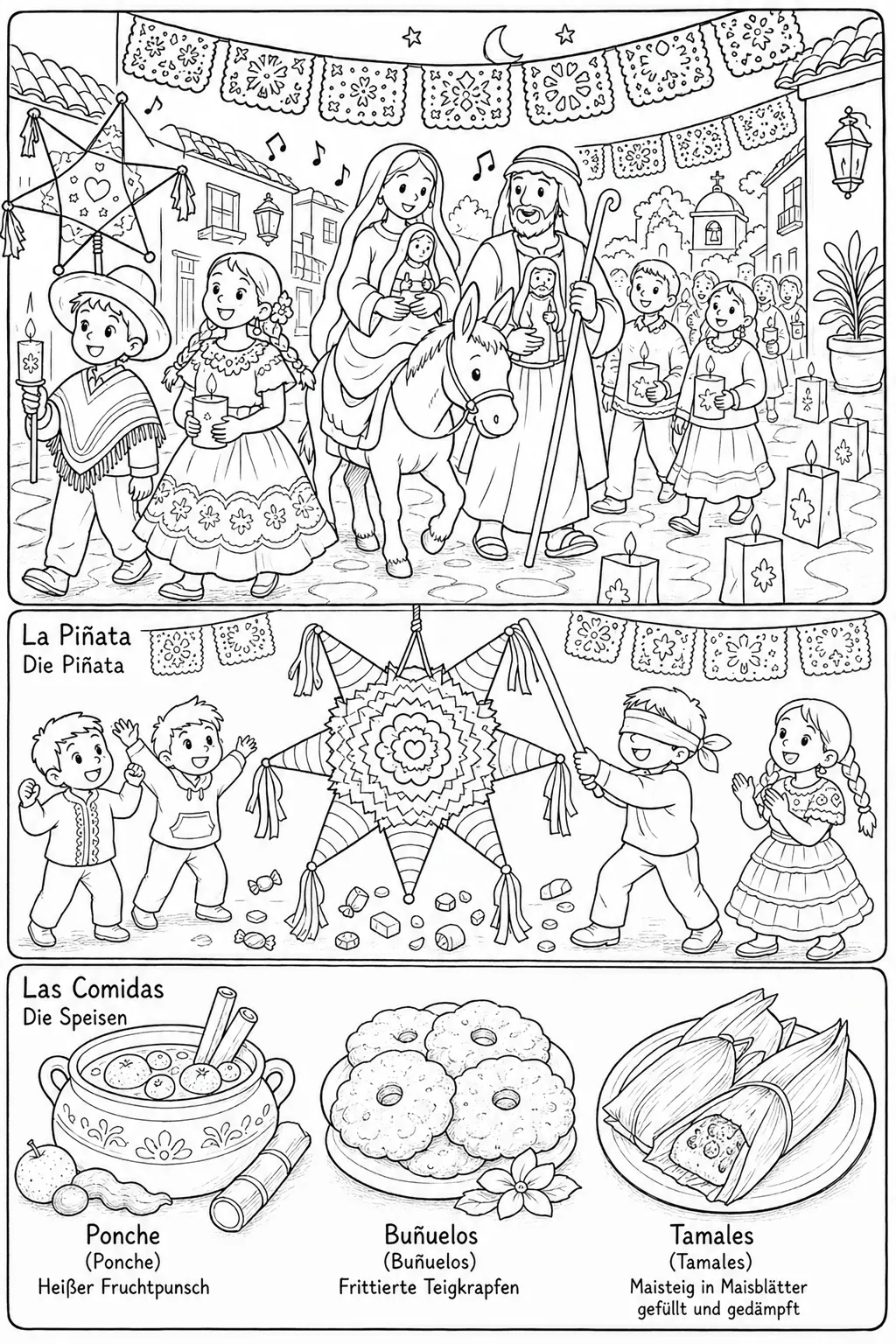 रंग भरने का चित्र: मोमबत्ती जुलूस, पेपर पिकाडो और पिनाटा के साथ मेक्सिको में लास पोसादास