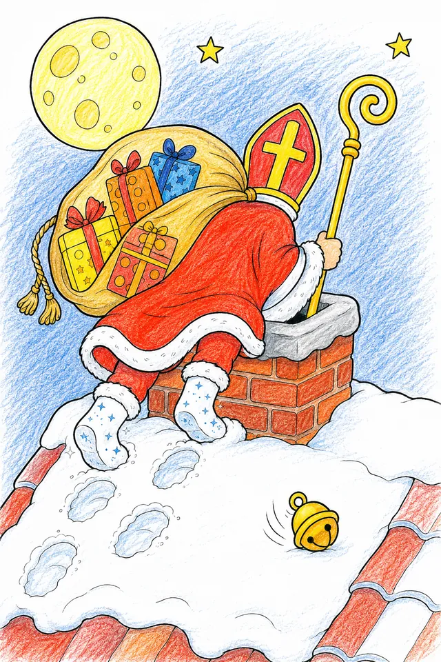 Ausmalbild: Nikolaus-Geist steigt durch verschneiten Kamin mit leuchtendem Sack voller Geschenke