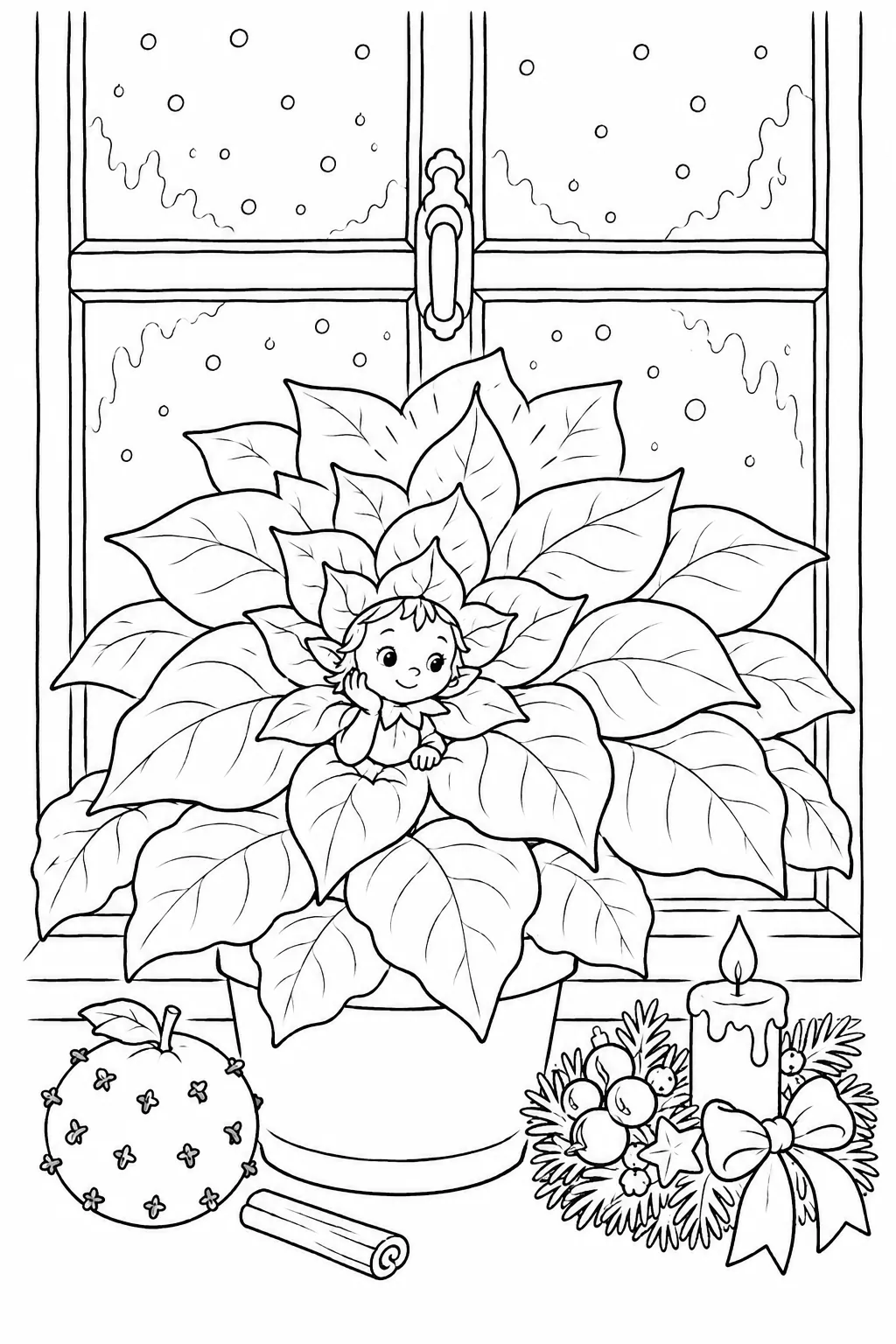 Ausmalbild: Weihnachtsstern-Geist in Poinsettie auf Fensterbank mit Adventskranz