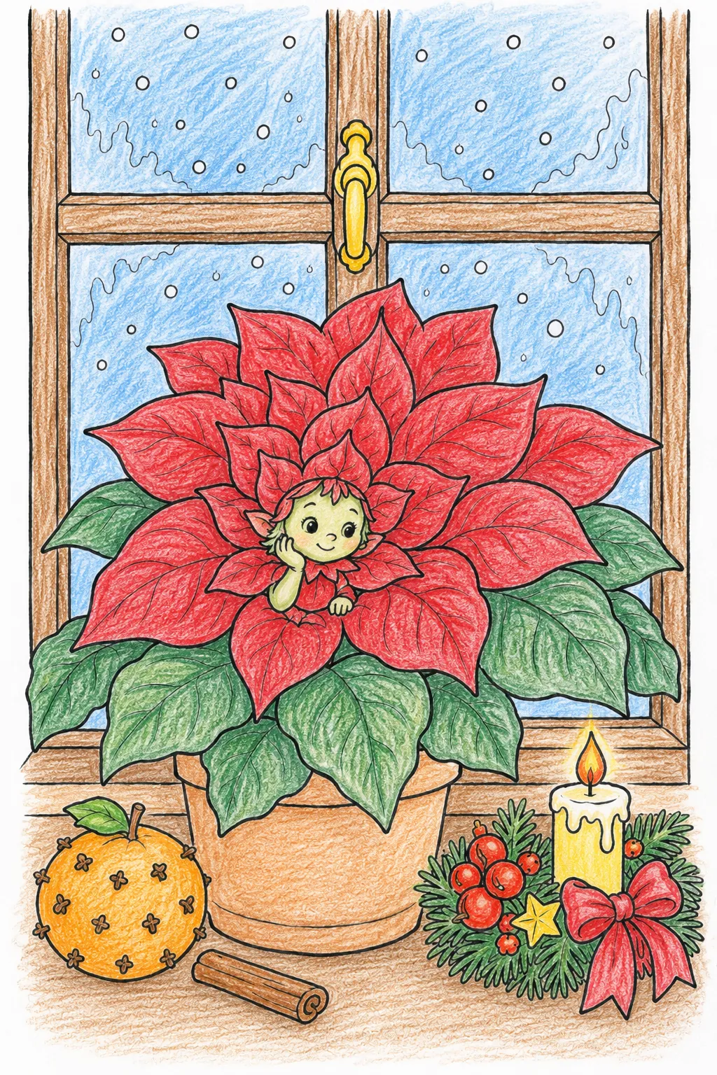 Der Weihnachtsstern-Geist blüht leuchtend rot am Fenster und wacht als stiller Hüter über den Advent