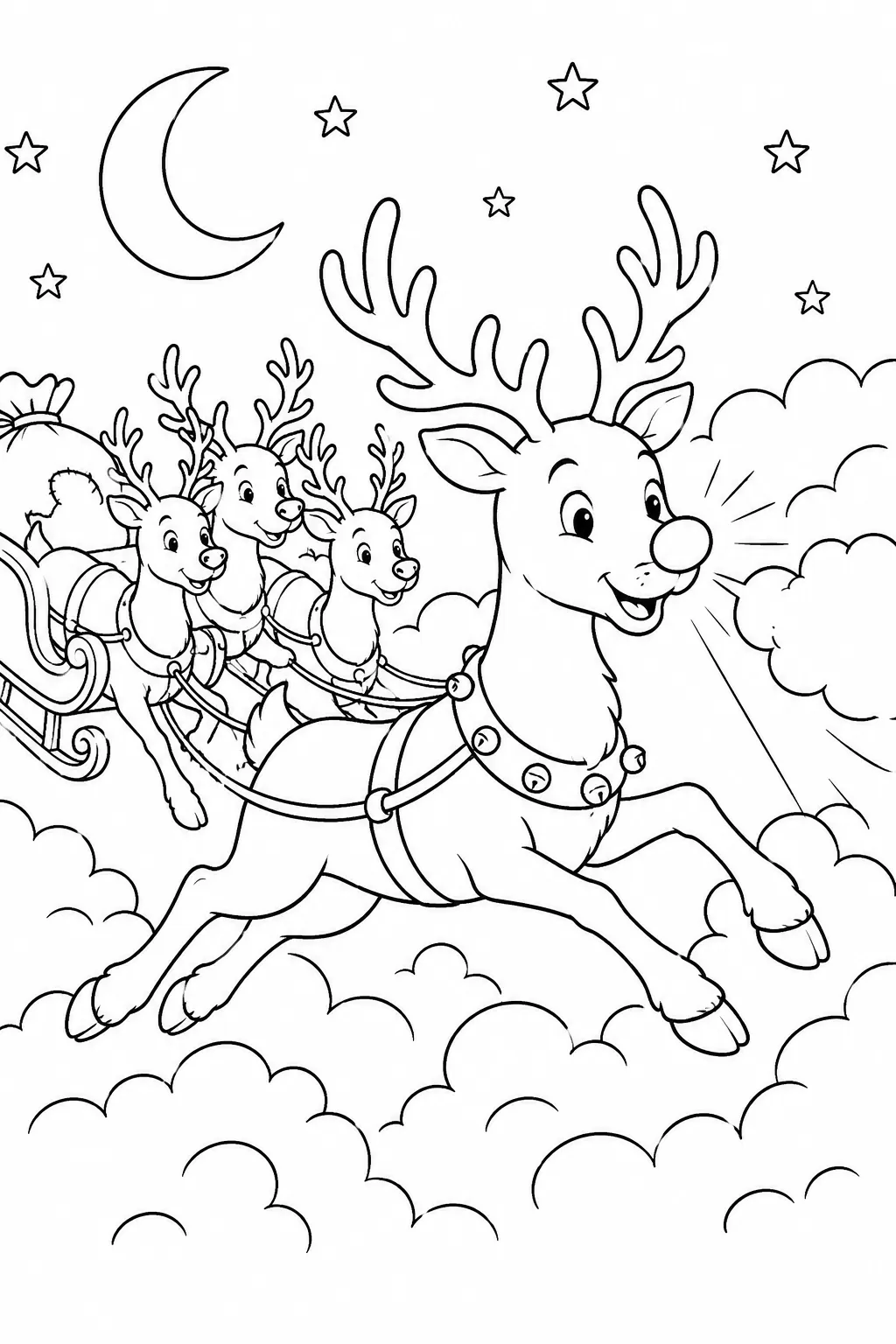 Ausmalbild: Rentier mit leuchtend roter Nase führt Schlitten durch Weihnachtsnebel