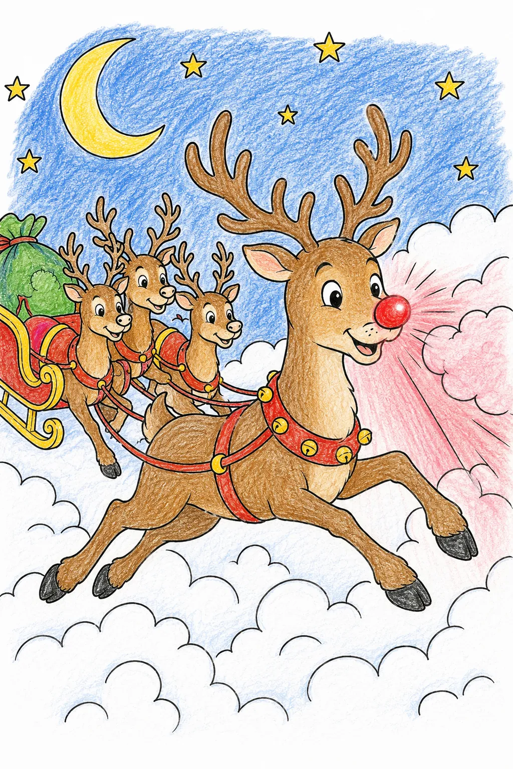 Das Rentier mit der leuchtend roten Nase führt den Schlitten durch den dichten Weihnachtsnebel und erhellt den Weg