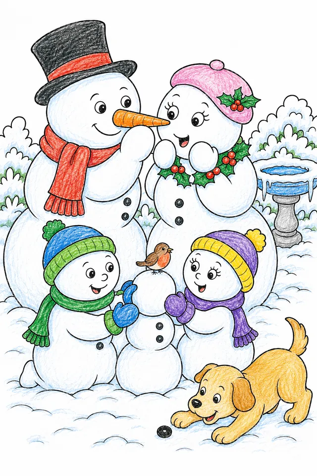 Coloring page: snowman family building each other in snowy garden