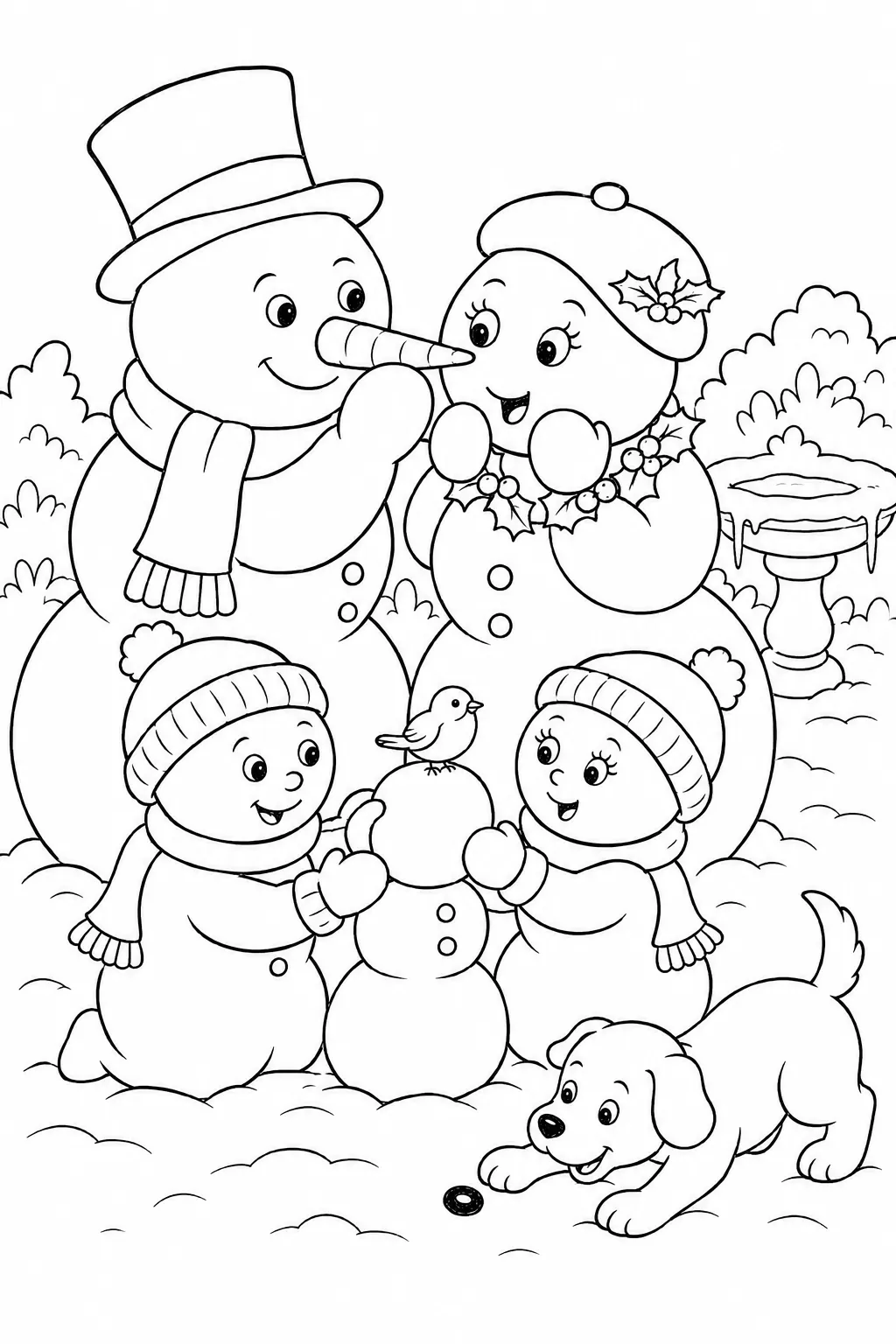 涂色页：雪人家庭在积雪的花园里互相构建