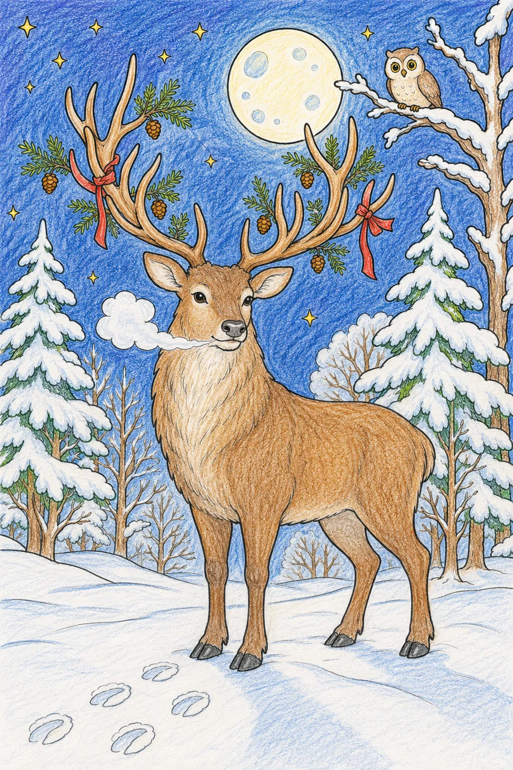 Weihnachts-Hirsch steht mit tannengeziertem Geweih majestätisch im blauen Mondlicht des stillen Winterwalds