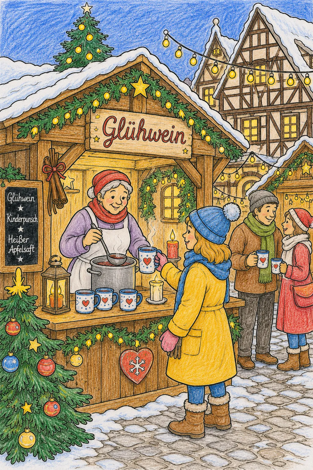 Christmas Market in the Evening: Mulled Wine Stand in Warm Candlelight Under Snow-Covered Half-Timbered Gables and First Stars