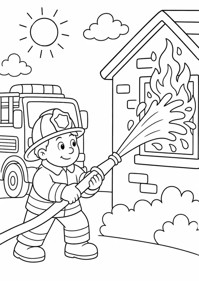 Mutiger Feuerwehrmann löscht mit dem Wasserschlauch einen Brand am Haus