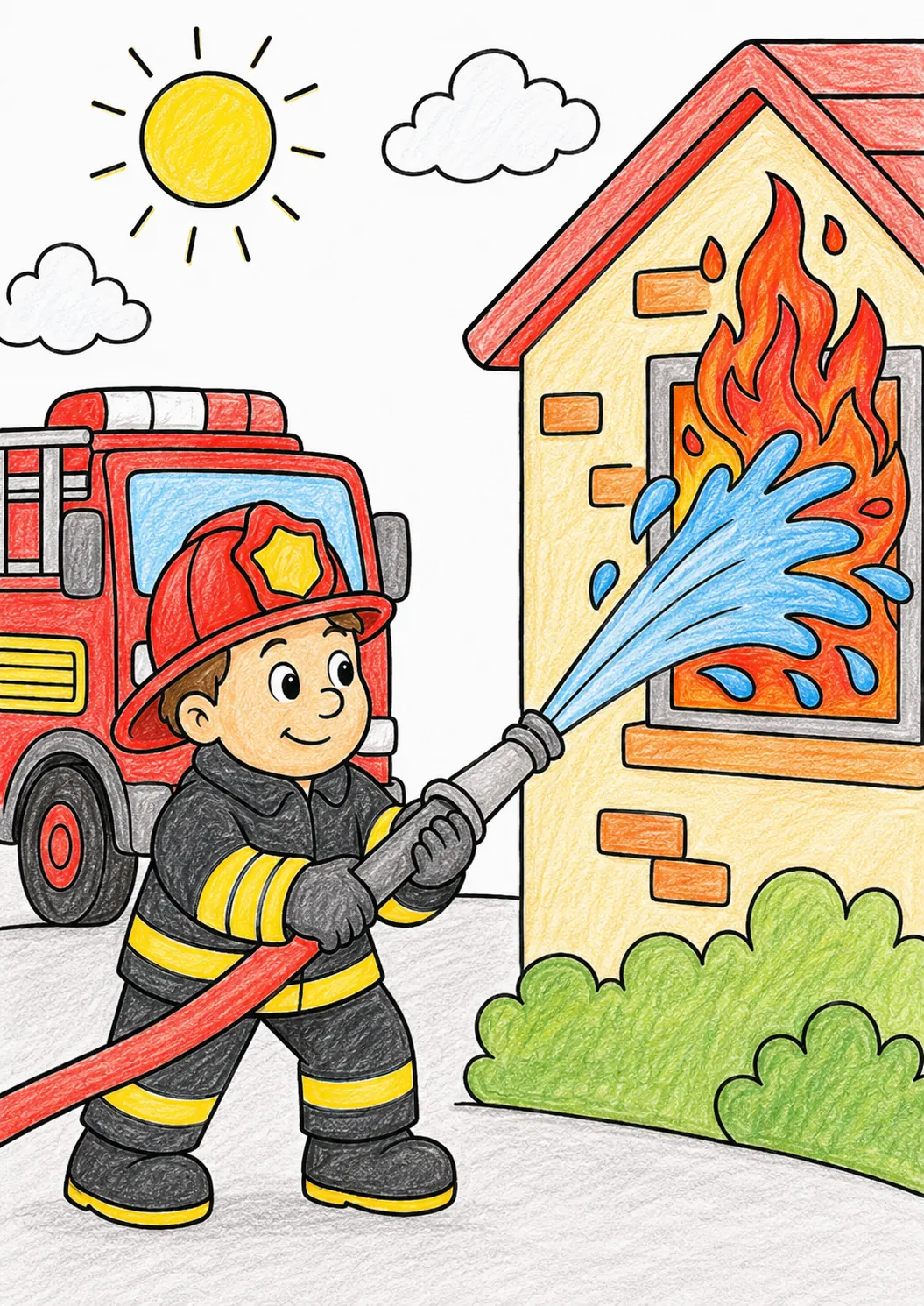 Mutiger Feuerwehrmann löscht mit dem Wasserschlauch einen Brand am Haus