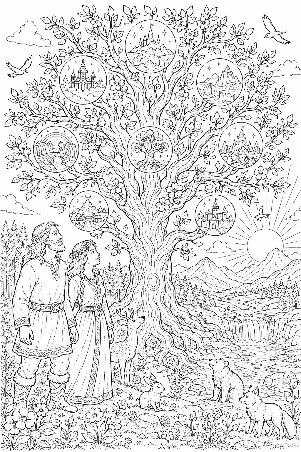 涂色页：北欧海洋神灵尼约德和兰统治风暴北方大洋