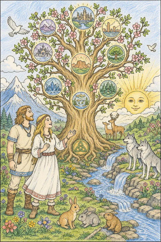 涂色页：诸神黄昏后一棵年轻的新伊格德拉西尔从重生世界的灰烬中生长