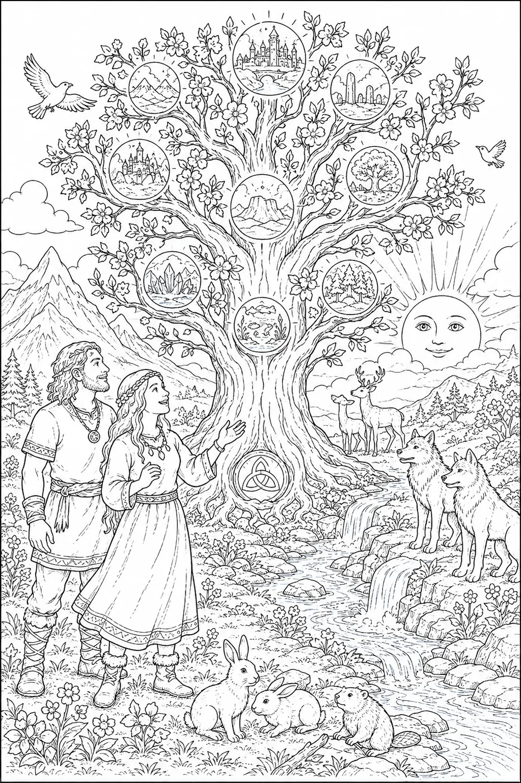 Coloring page: a young new Yggdrasil growing from the ashes of a reborn world after Ragnarök