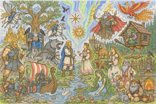 Coloring page: grand S05 closing mandala with Yggdrasil and Nordic-Slavic gods and symbols
