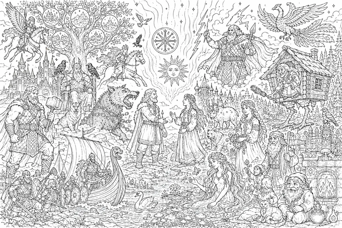 Ausmalbild: Großes S05-Abschluss-Mandala mit Yggdrasil und nordisch-slawischen Göttern und Symbolen