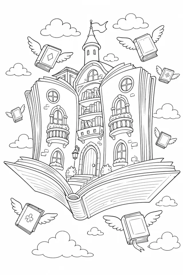 Fliegende Bibliothek in Form eines riesigen Buches