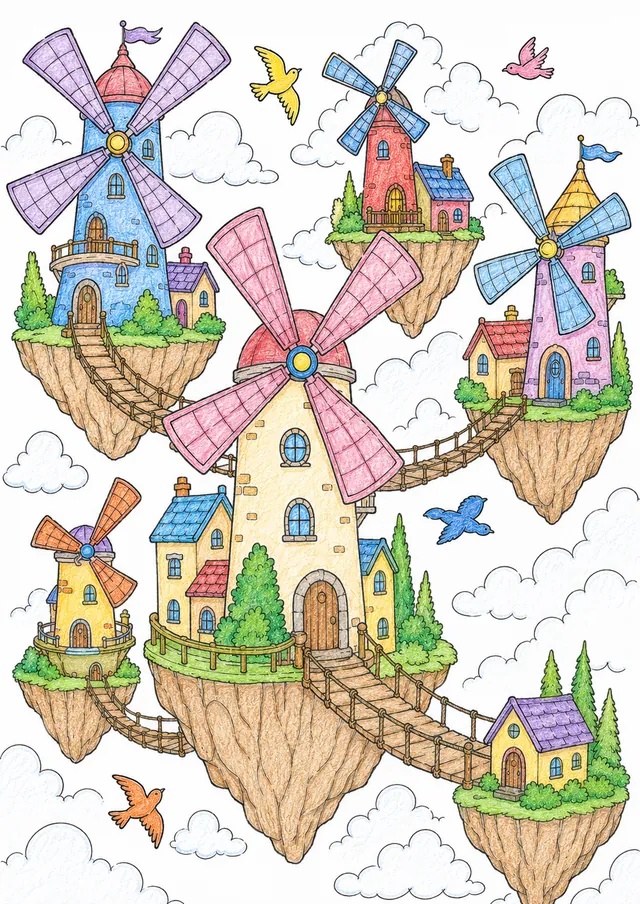 Fantastische fliegende Windmühlenstadt hoch über Wolken mit Seilbrücken