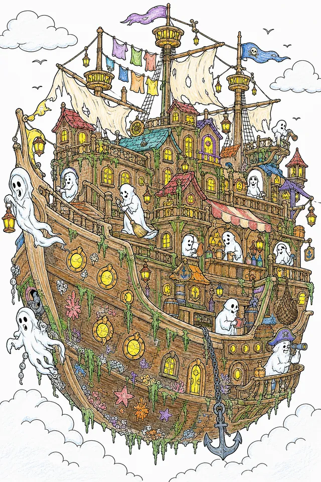 Ausmalseite des Fliegenden Holländers als schwimmende Stadt mit Gebäuden und Markttreiben auf den Decks