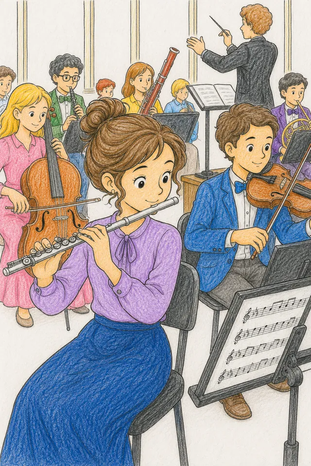 Ausmalbild: Flötistin spielt silberne Konzertflöte in Orchesterprobe mit Notenständern