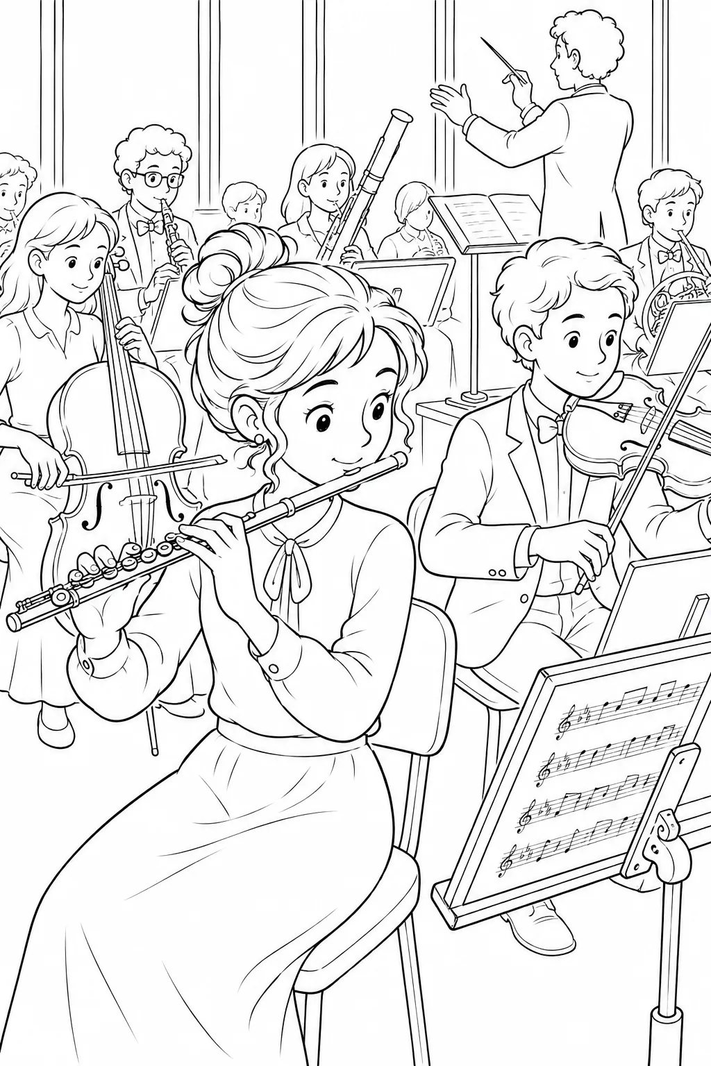 Ausmalbild: Flötistin spielt silberne Konzertflöte in Orchesterprobe mit Notenständern