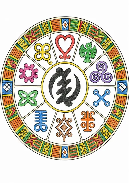涂色页：带有加纳符号的圆形阿丁克拉曼陀罗