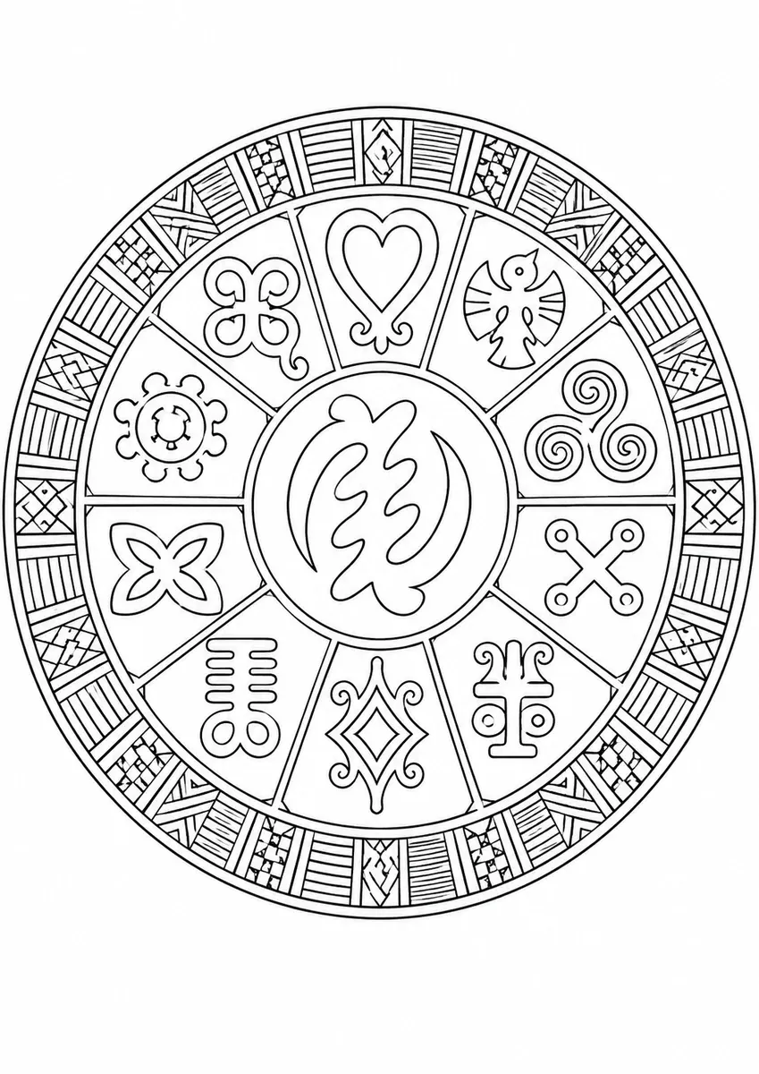 涂色页：带有加纳符号的圆形阿丁克拉曼陀罗