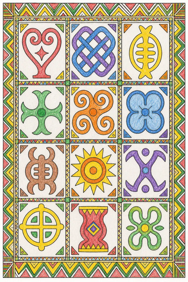 Ausmalbild: Teppich mit geometrischem Adinkra-Symbol-Raster