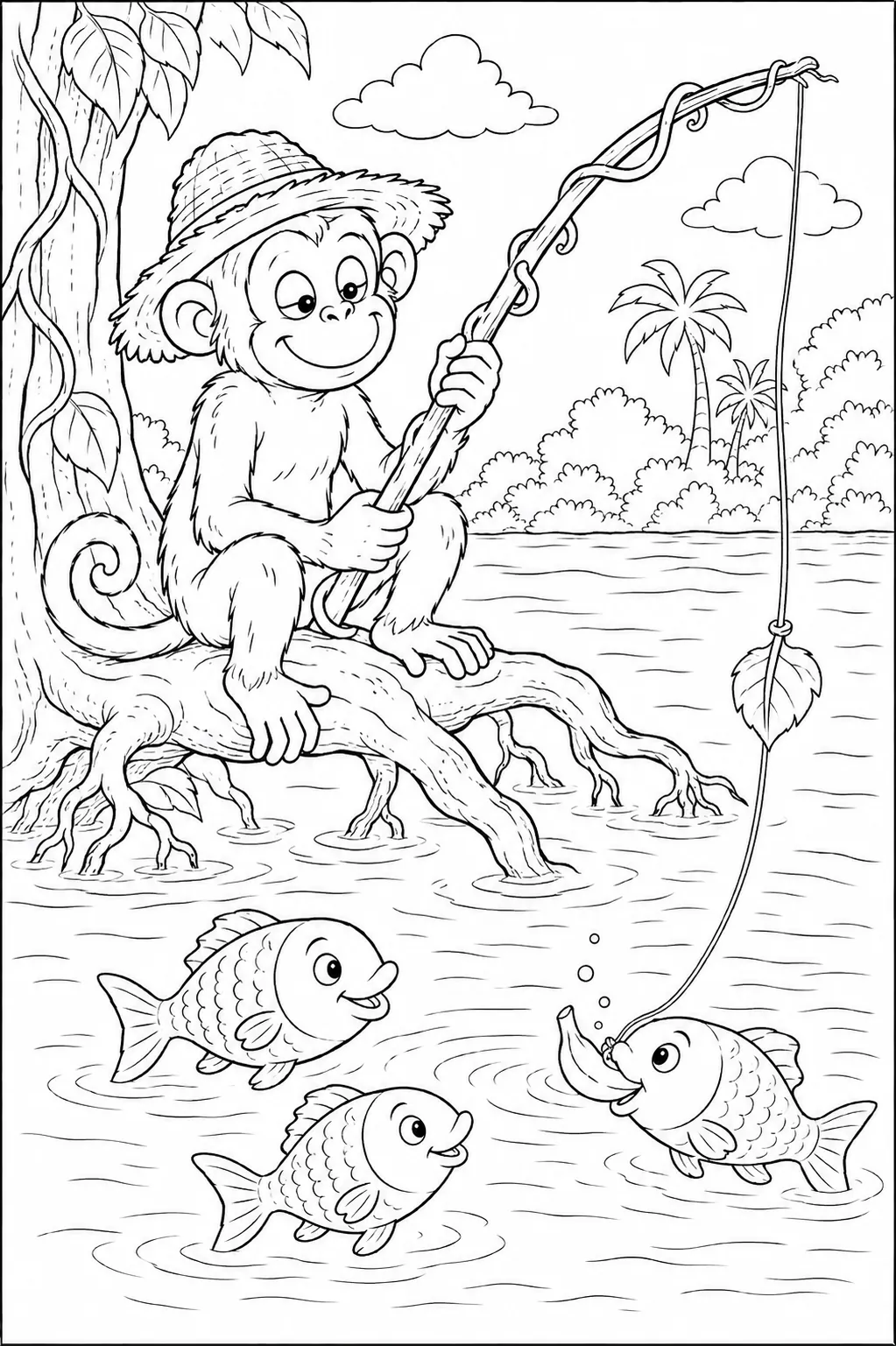 Ausmalbild: Affe mit Strohhut angelt mit Liane über dem Fluss
