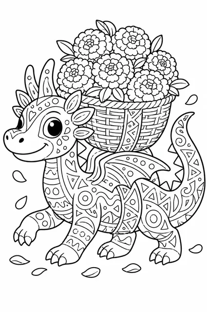 El dragón alebrije cargando una cesta de flores colorida